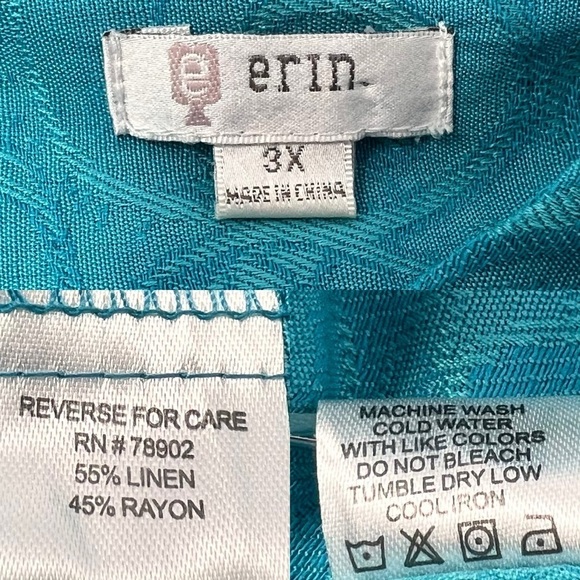 Erin Jacquard Floral Print Linen Blend Tunic Top Plus 3X 3/4 Sleeve Blue Button - Picture 9 of 14